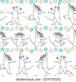 Funny white dancing rats and green-yellow stars and a month. Set of animals made horizontally on a white background. Symbol of chinese new year.