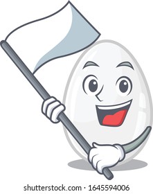 Divertido personaje de dibujos animados de huevo blanco sosteniendo una bandera de pie
