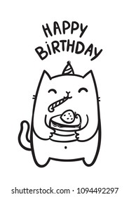 Funny white fat cat holding Happy Birthday cake with strawberry on top. Adorable doodle animal. Domestic pet character for your holiday card design. Image for invitation or greeting postcard