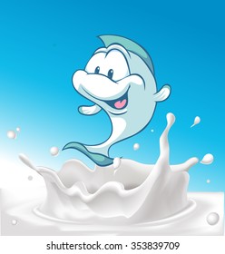 funny white fish splash in milk on blue background - vector illustration