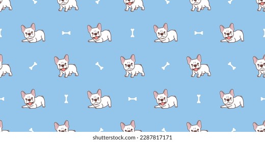 Funny white french bulldog puppy cartoon seamless pattern, vector illustration