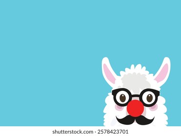 Funny white llama peeking from the corner with glasses, a red clown nose, and a mustache on a blue background.