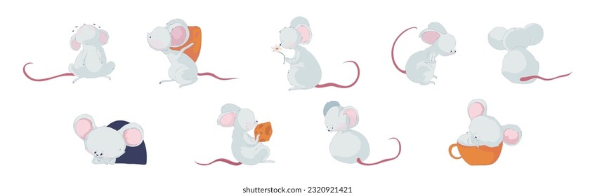 Funny White Mouse Character with Long Pink Tail Vector Set