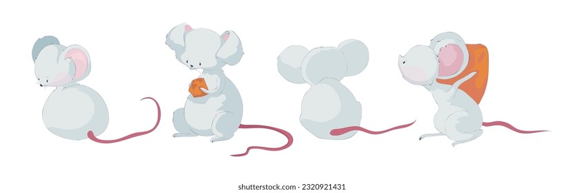 Funny White Mouse Character with Long Pink Tail Vector Set