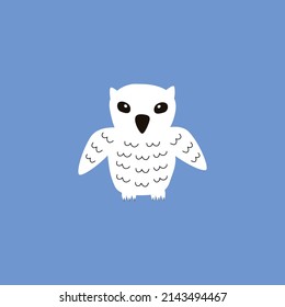 Funny white owl hand drawn vector illustration. Cute baby character. Arctic bird in flat style.