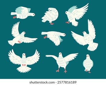 Funny white pigeons. Cartoon dove character, urban birds, symbol of peace and love, wedding mascot, flying, sitting, standing, vector set