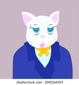 Funny White Piggy Cat Wearing Blue Suit And Collar