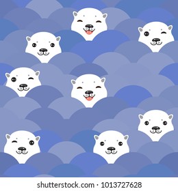 Funny white Polar Bear in blue water, sea waves Seamless pattern, background. Kawaii faces. Vector