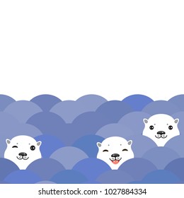 Funny white Polar Bear in blue water, sea waves pattern, background. Kawaii faces. Vector