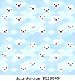 Funny white Polar Bear in light blue water, sea waves Seamless pattern, background. Kawaii faces. Vector