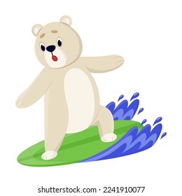 Funny white polar bear surfing, enjoying outdoor activity. Cute animal character on surfboard cartoon illustration. Summer, extreme water sport concept