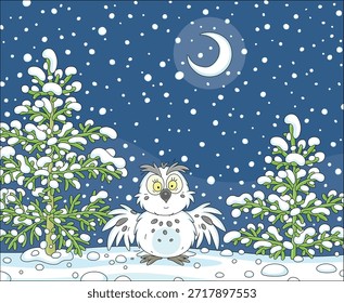 Búho polar blanco divertido con las alas extendidas en un vidrio forestal cubierto de nieve entre abetos nevados en una noche de luna invernal, ilustración de dibujos animados de Vector