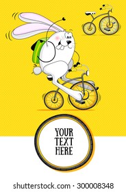 Funny white rabbit, hare, bunny on retro bicycle, bike. Yellow background. Vector illustration. Postcard