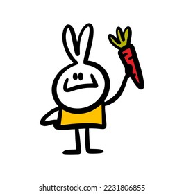 Funny white rabbit holding a carrot in rising hand. Vector illustration of hare and natural food.