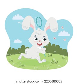 A funny white rabbit with a net catches butterflies. Summer character, active rest. Small season vector illustration in flat cartoon style.	