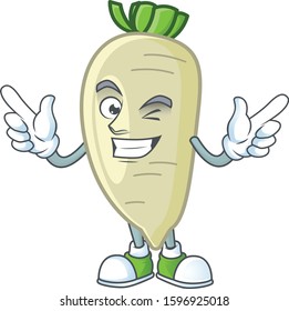 Funny white radish cartoon character style with Wink eye