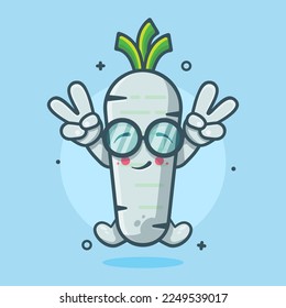 caricatura divertida del personaje de la verdura del rábano blanco con gesto de la mano del signo de la paz dibujo aislado de diseño de estilo plano