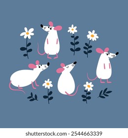 Conjunto de flores y ratas blancas divertidas aisladas sobre fondo azul. Personajes lindos de roedores en diferentes poses. Animales divertidos para pegatinas, baby shower y otros. Ilustración vectorial.