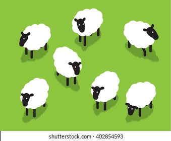 Funny white sheep graze on the green lawn. Vector illustration.