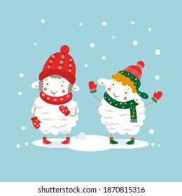 Funny white  sheeps in hats and mittens. Cute farm animals in winter time. Cartoon character, vector illustration 