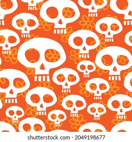 Funny white skulls and flowers isolated on orange background. Cute festive cartoon seamless pattern. Vector simple flat graphic hand drawn illustration. Texture.