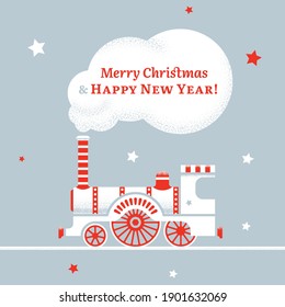 A funny white steam train and clouds of smoke. Drawing for a Christmas greeting card