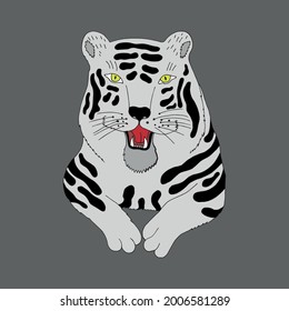 Funny white tiger. Vector character in cartoon style. hand-drawn in doodle style. Isolated. Coloring pages for children and adults. Can be used in your projects in banners, posters and postcards.
