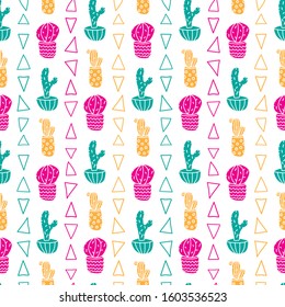 Funny white vector pattern with colorful cactuses