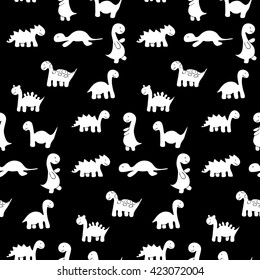 Funny white vector seamless dinosaur pattern on black background.
