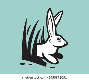 FUNNY WHITE WILD RABBIT LOGO, silhouette of great bunny vector illustrations