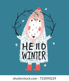 Funny White Winter Sheep with Tree Branch. Quirky seasonal greeting card cartoon. Vector illustration.
