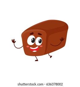Funny whole wheat, dark, brown bread loaf character with smiling human face, cartoon vector illustration isolated on a white background. Crispy brown bread loaf character, mascot with smiling face