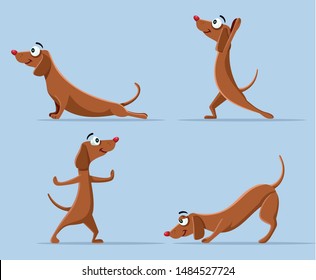 Funny Wiener Dog Doing Yoga Vector Cartoon. Cute pet animal exercising in Pilates poses
