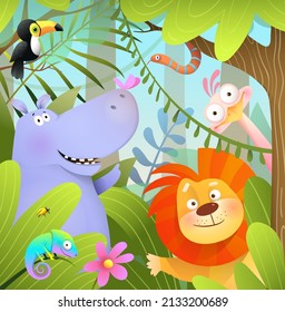 Funny wild African animals in Jungle forest, lion hippo zebra snake and toucan cute animals cartoon for kids in the tropical forest or savanna. Playful zoo scenery vector illustration for children.