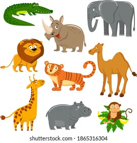 Funny wild african animals set, crocodile, rhino, elephant, lion, tiger, camel, giraffe, hippo, monkey. Cute cartoon characters, vector images isolated on white background