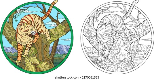 Funny wild animal in tropical leaves and plants. Exotic cat cartoon character. Hand drawn illustration, coloring book.