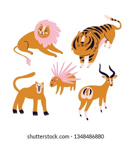 Funny wild animals isolated on the white background. Cute tiger, lion, monkey,  antelope and porcupine. Design elements.