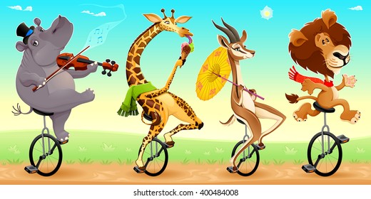 Funny wild animals on unicycles. Vector cartoon illustration