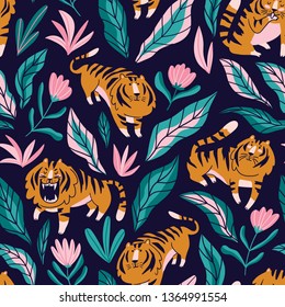 Funny wild animals in tropical thickets. Cute fabric design with tigers and lions. Exotic zoo repeat background.