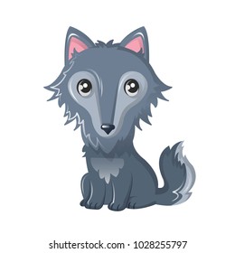 Funny wild cartoon gray wolf, with a nice kind look. Modern wild animals from the zoo. Wild inhabitant of the steppes, forests, hunter and getter. Vector illustration isolated.