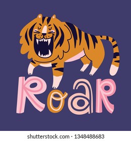 Funny wild cat with lettering - ROAR. Cute kids print design for t-shirt. Roaring tiger. Vector illustration.