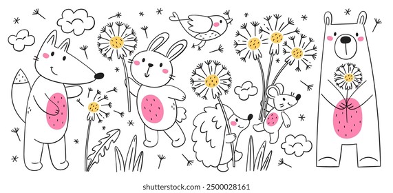 Funny wild forest animal and bird characters with dandelion flower cute doodle hand drawn set. Collection of happy childish birdie, mouse, fox, bunny, prickly hedgehog and bear vector illustration