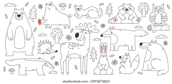 Funny wild forest animals outline set art doodle hand drawn style graphic design vector illustration. Bear, boar, raccoon, reindeer, hare, squirrel, wolf, owl, ant-eater ferret and hedgehog character