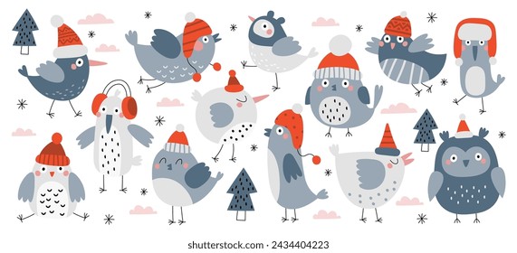 Funny wild forest birds characters wearing winter hats vector illustration in handdrawn Scandinavian style. Cute feathered mascot dressed in Christmas festive cap, knitted headgear isolated set