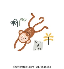 Funny wild and free monkey jumping. Vector character in cartoon handdrawn style. Card, poster composition design. Kids illustration with tropical plants isolated on white background.