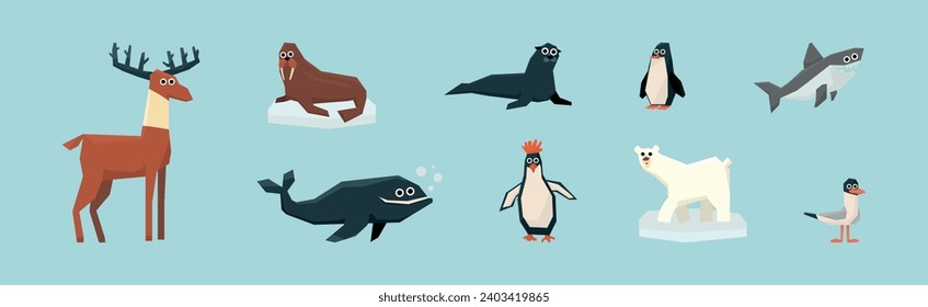 Funny Wild Polar Animals as Fauna of Arctic Vector Set