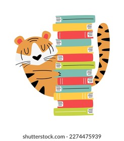 Funny wild tiger with books flat icon. Vector illustration