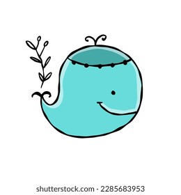 Funny wild whale character. Childish style icon, turquoise colors. Isolated on white for your design