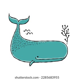 Funny wild whale character. Childish style icon, turquoise colors. Isolated on white for your design