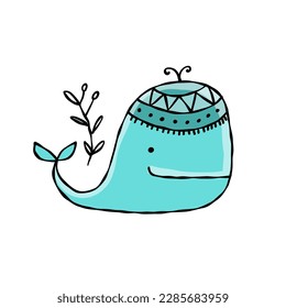 Funny wild whale character. Childish style icon, turquoise colors. Isolated on white for your design